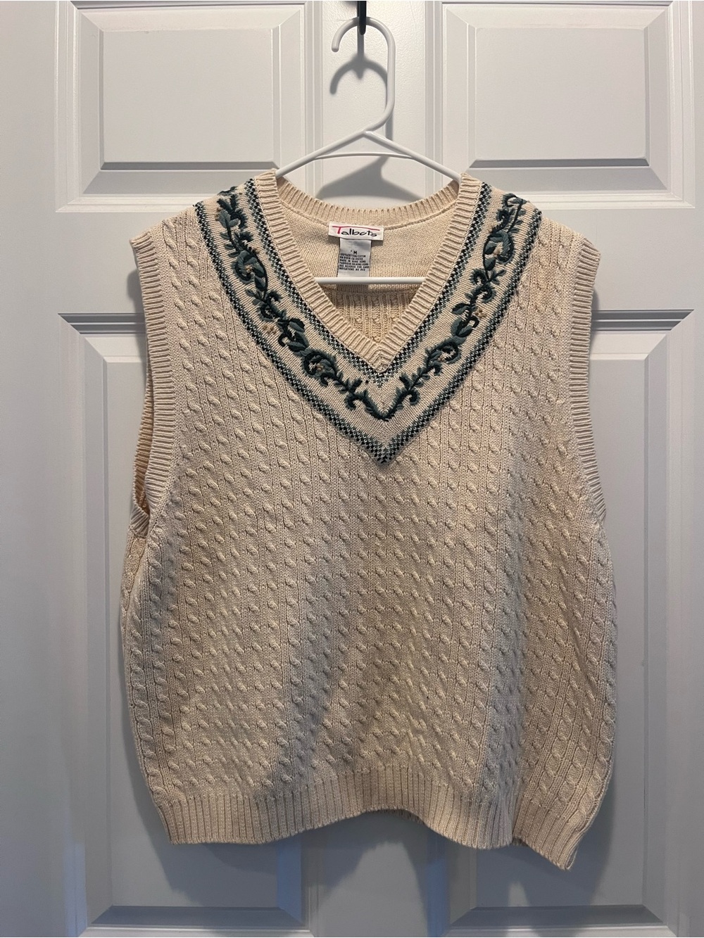 Talbots Cream Cable-Knit V-Neck Sweater Vest with Green Trim